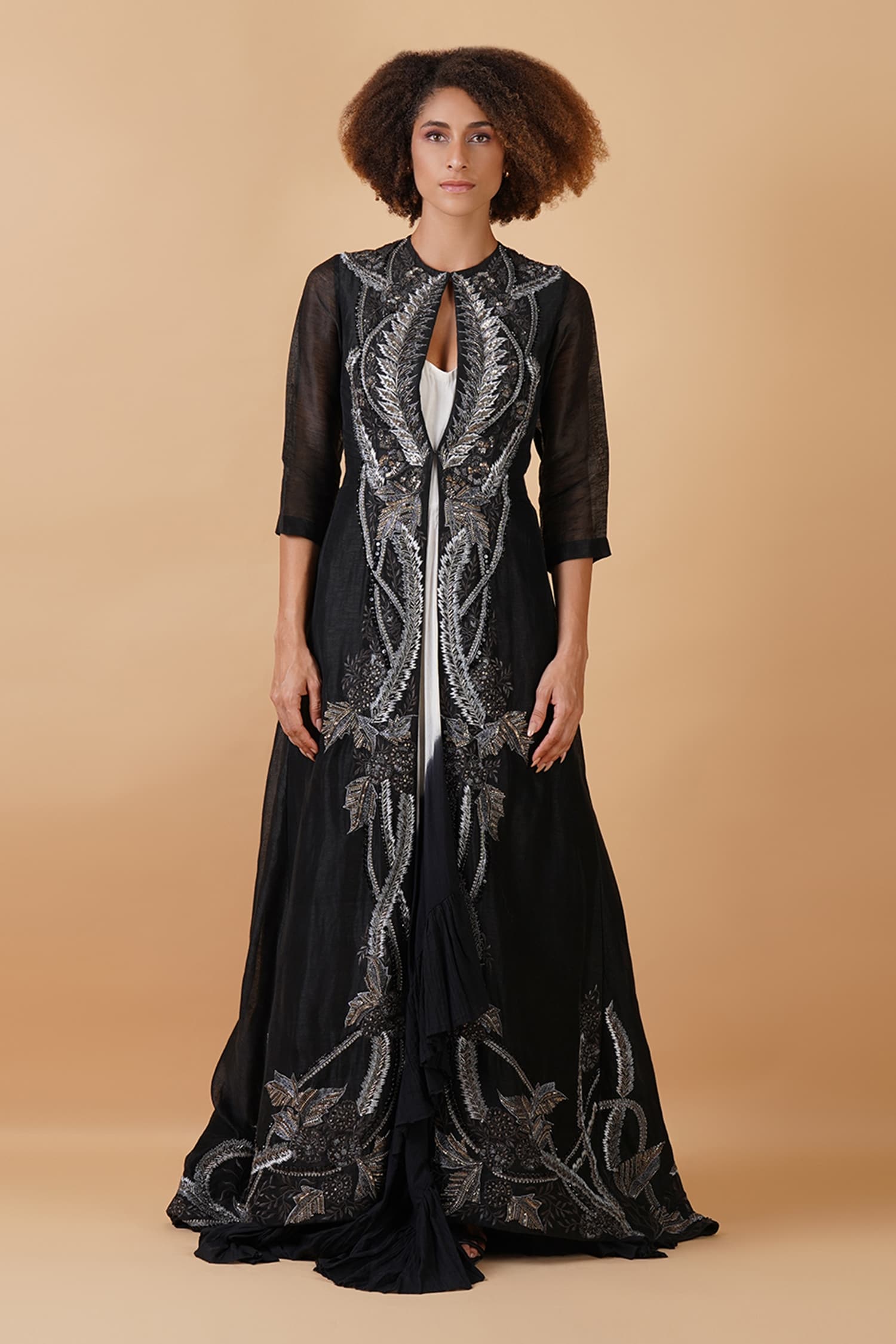 Aza - Here's to feminity with a modern twist! A saree overlayed with a hand  embroidered jacket and clinched at the waist with a bohemian fringed belt  is perfect for an evening