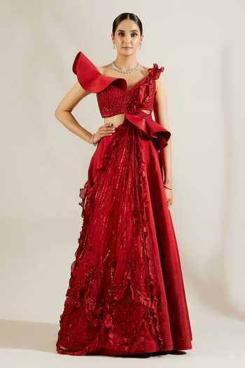 Buy Adaara Couture Red Raw Silk Embellished Lehenga Set Online | Aza ...
