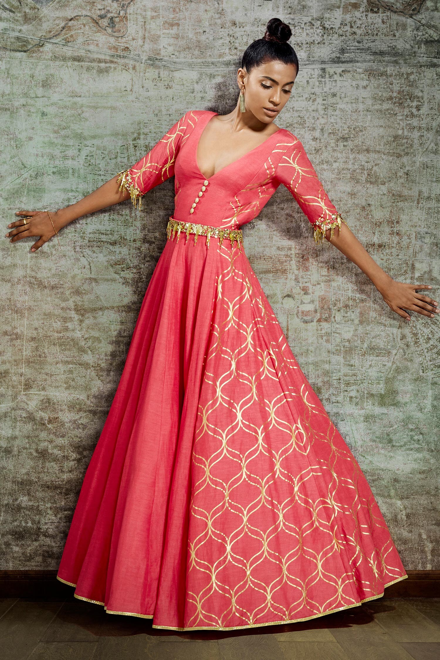 Buy Pink Silk Embroidery V Neck Foil Print Gown For Women by Salian By