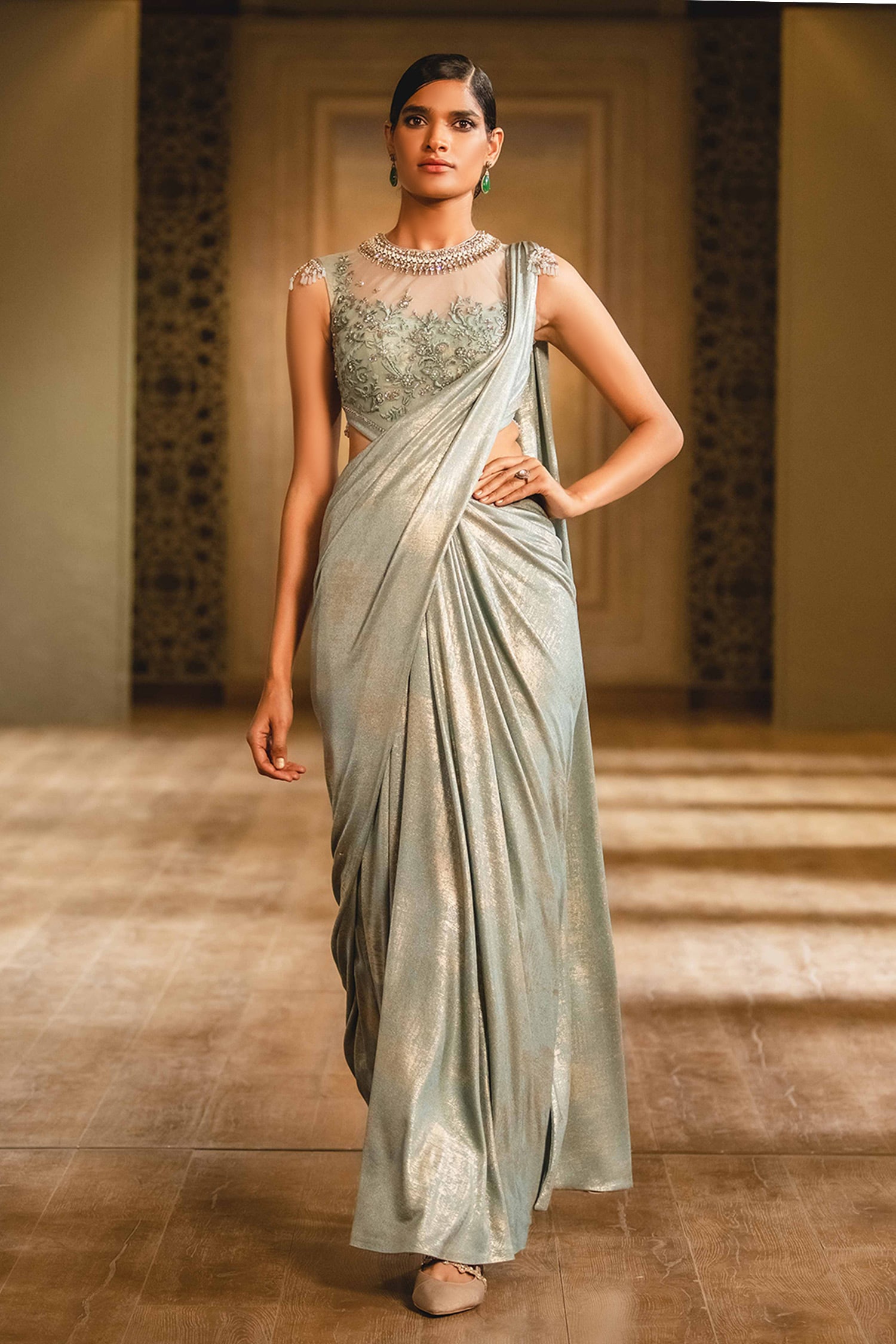 buy-blue-foil-jersey-round-draped-saree-gown-for-women-by-tarun