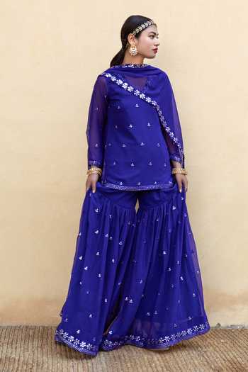 Women Turquoise Blue Sleeveless Flared Gathered Kurta With Wired Peeko Sharara main image 0