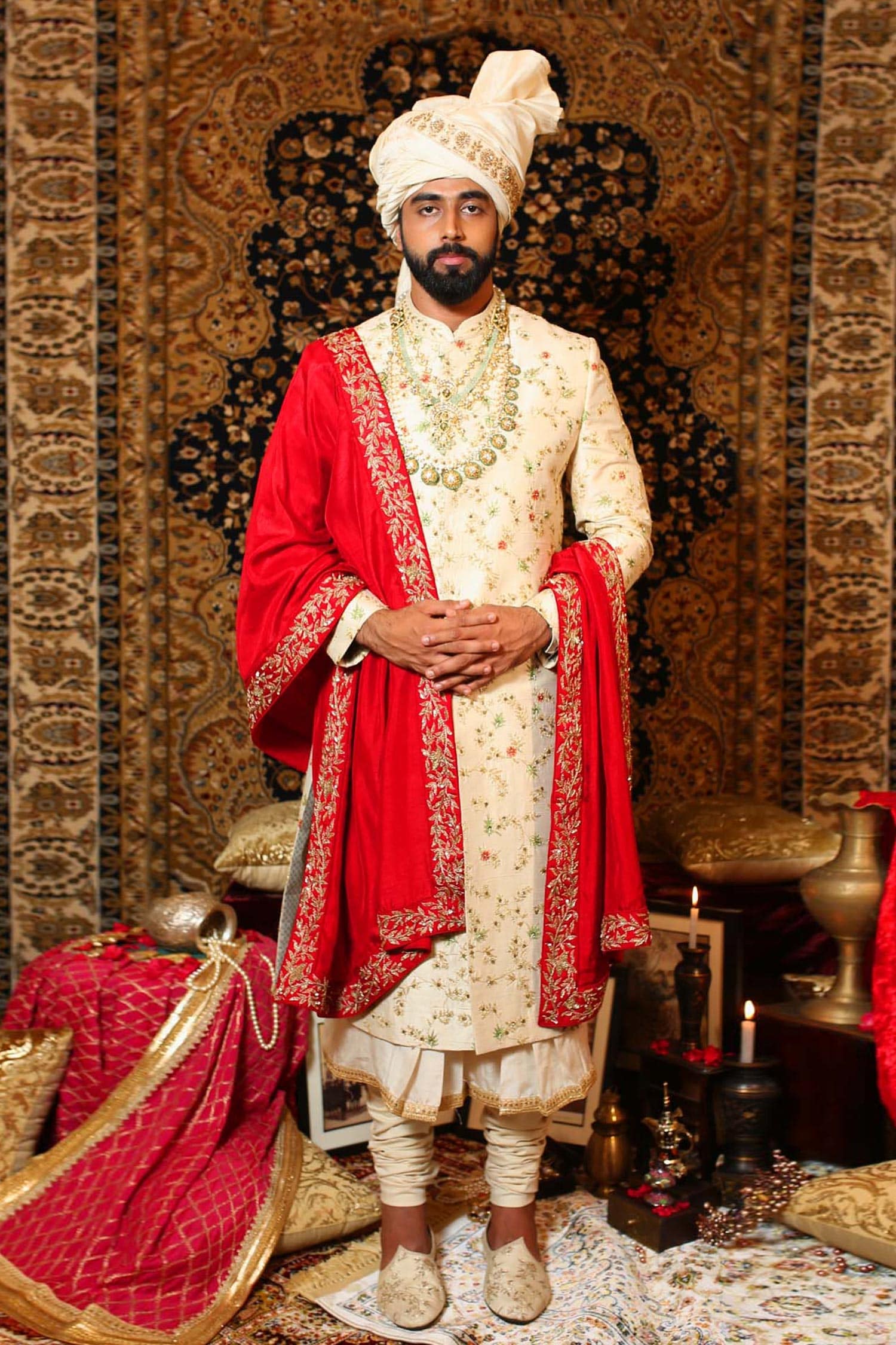 Buy White Raw Silk Embroidered Floral Sherwani Set For Men by YAJY by ...