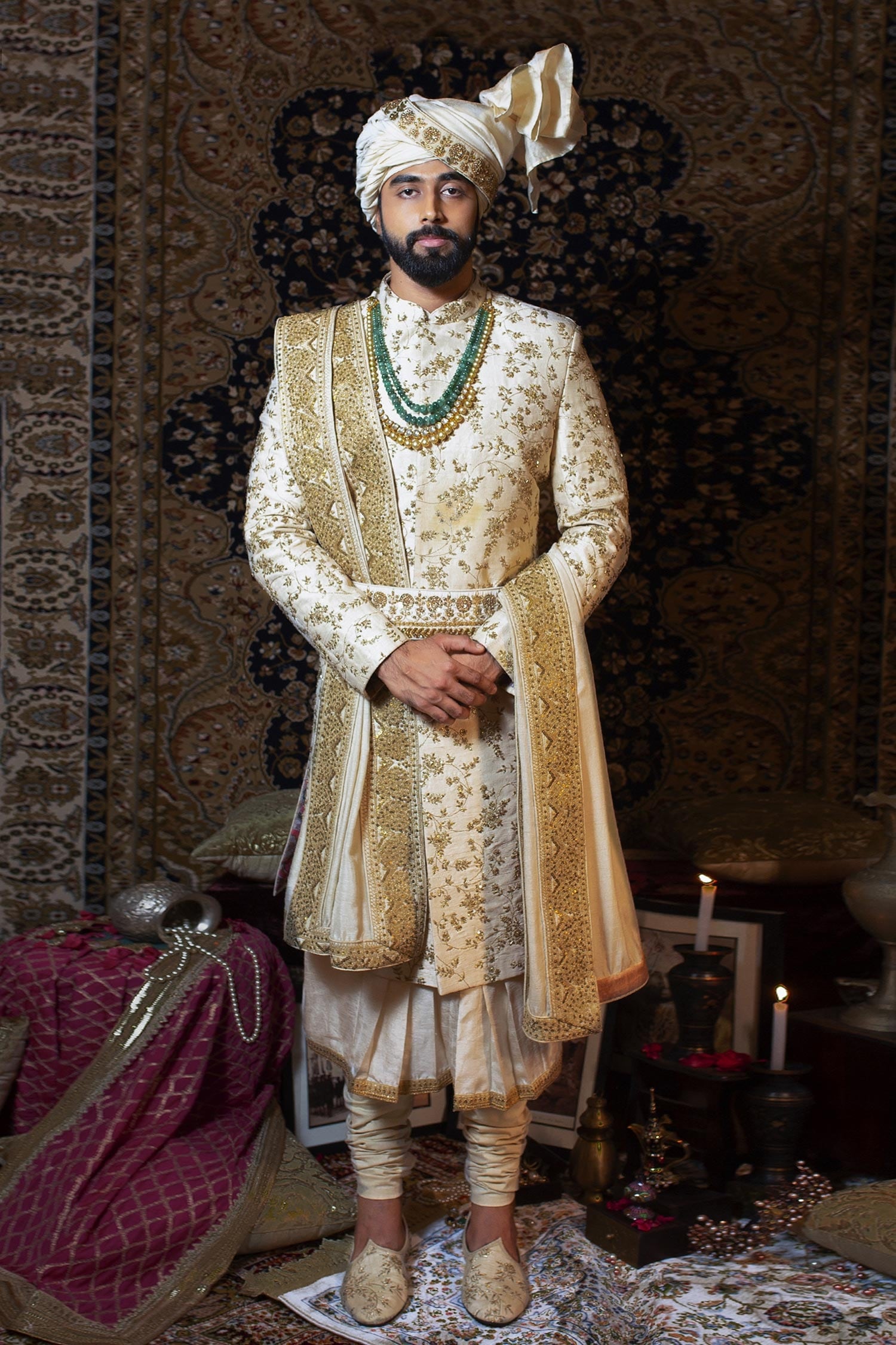 Buy White Raw Silk Embroidered Floral Sherwani Set For Men by YAJY by ...