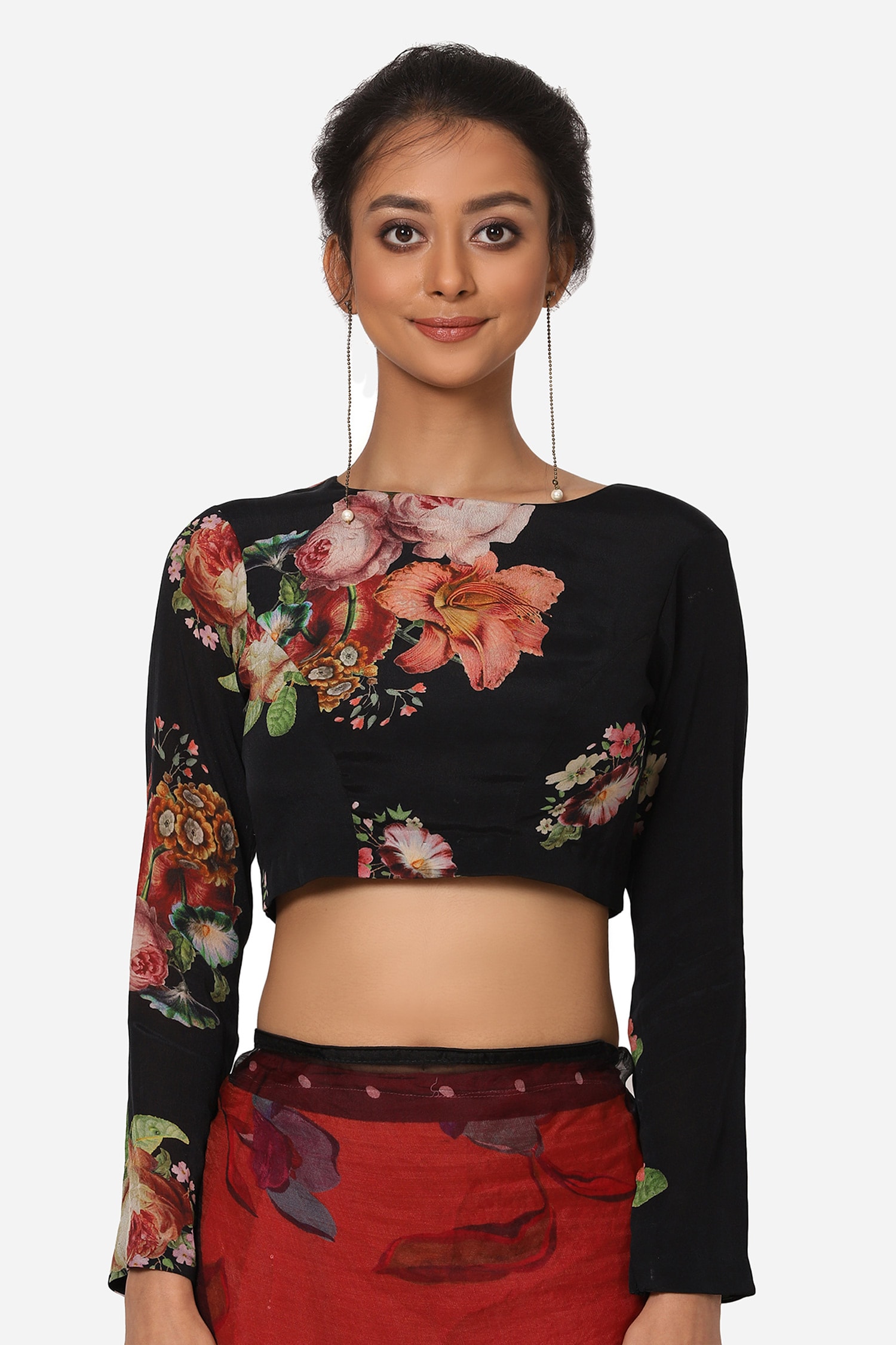 Buy Yam India Black Crepe Blend Floral Print Blouse Online | Aza Fashions