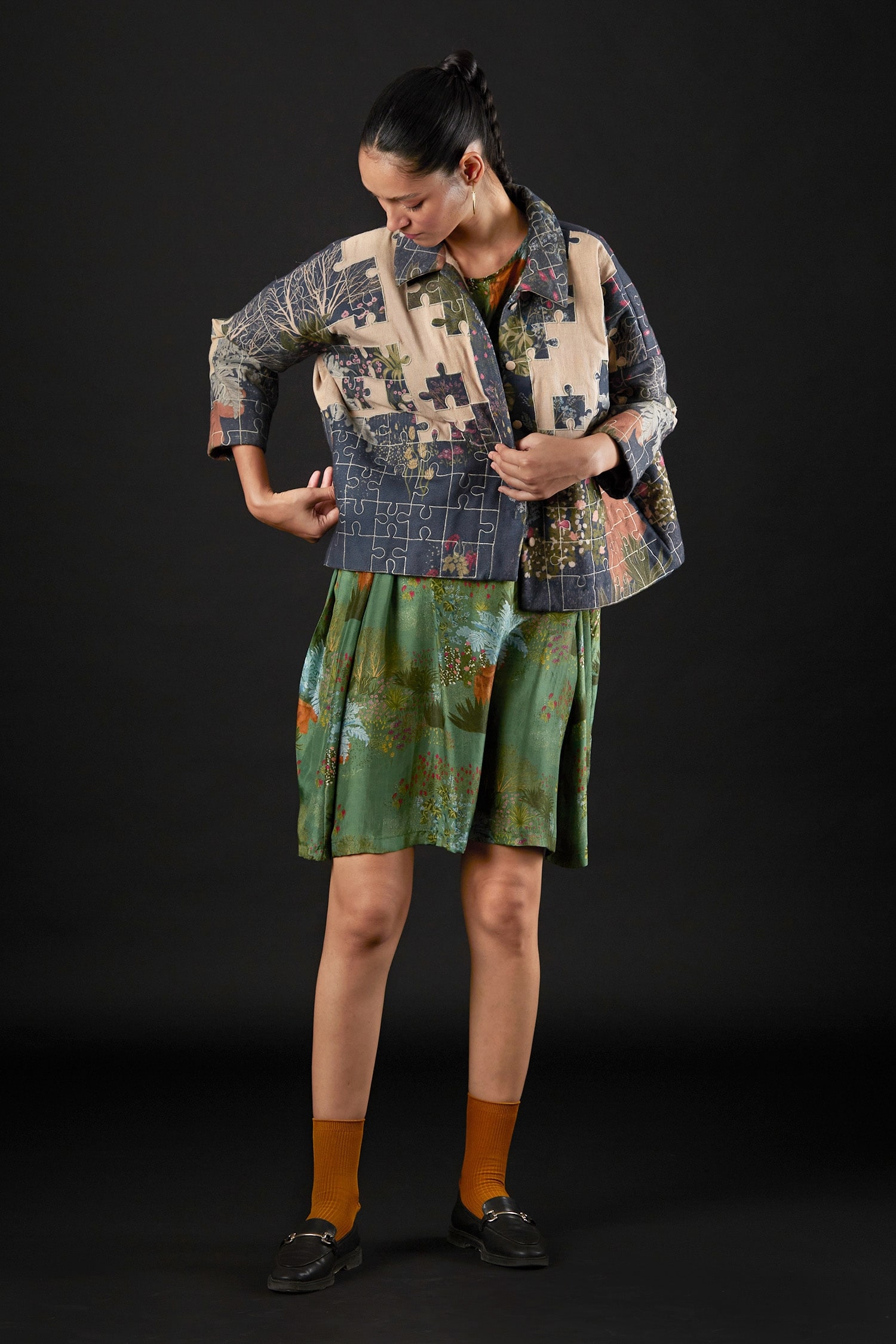 Buy Blue Canvas And Wool Floral Labyrinth Puzzle Pattern Jacket For