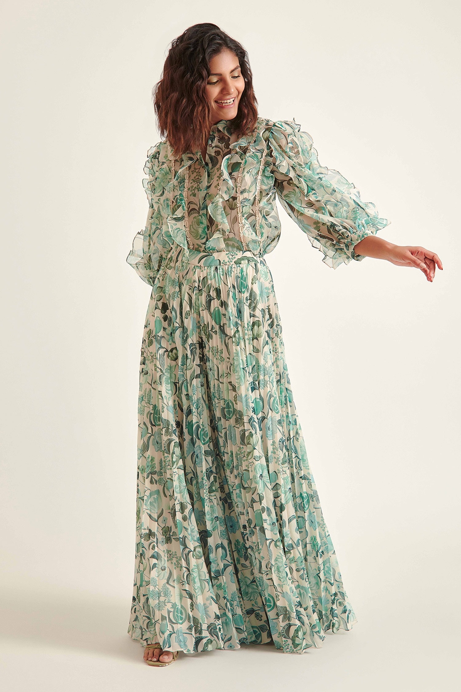 Buy Pankaj & Nidhi Green Organza Yolanthe Ruffle Printed Shirt Online ...