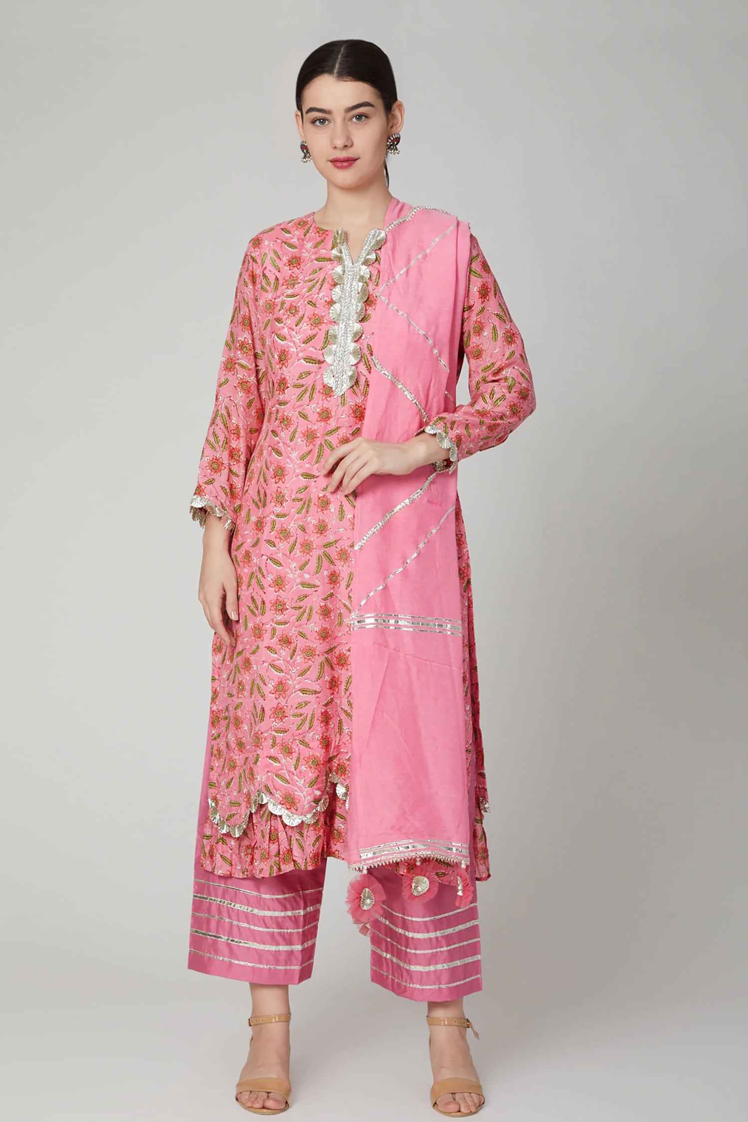 Buy Pink Lining Shantoon Embroidery Round Hand Block Print Kurta Set