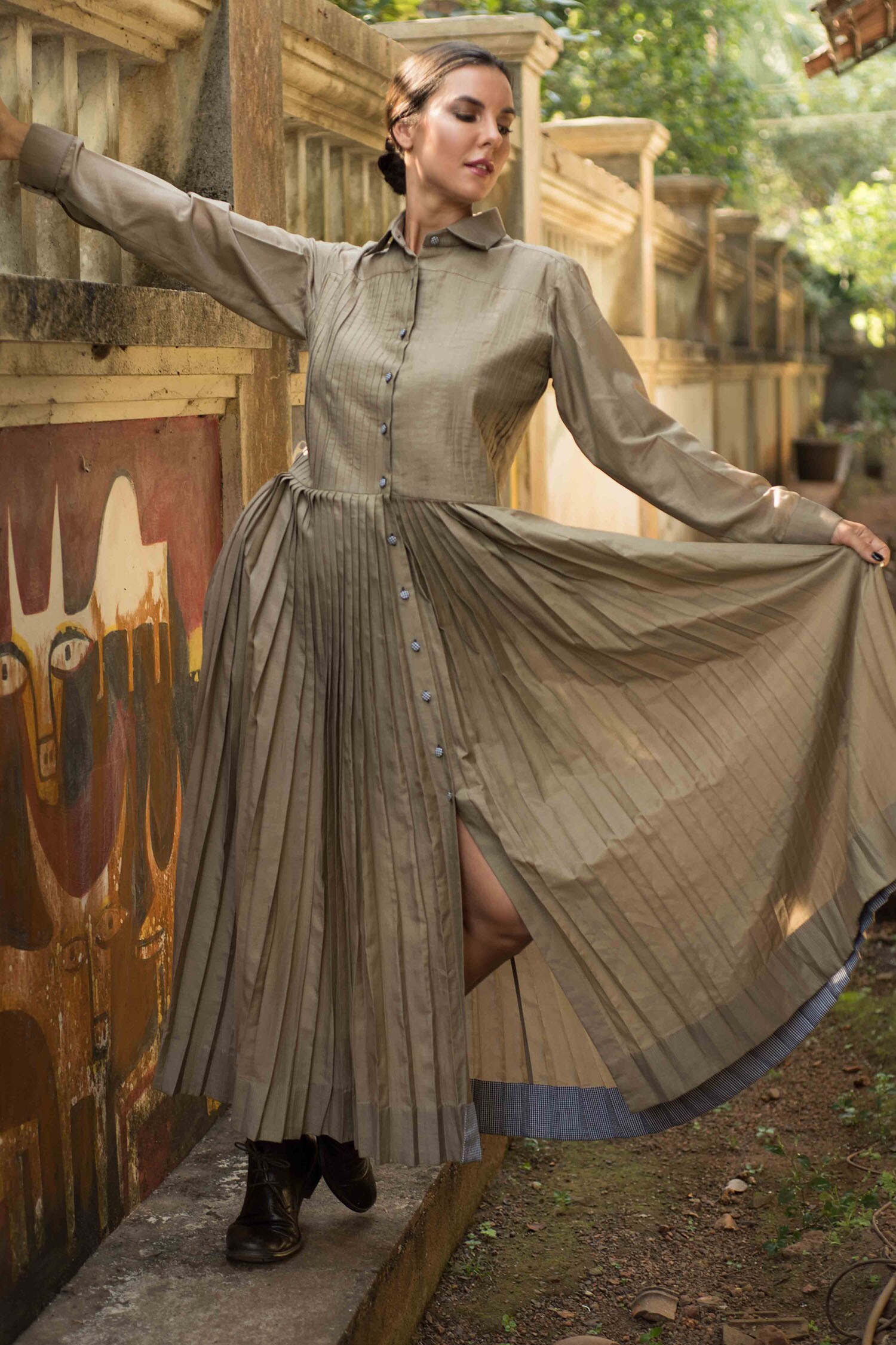 Beige Maxi Pleated Silk Shirt Dress For at Online Buy Cotton Collar Aza Chillosophy by Women