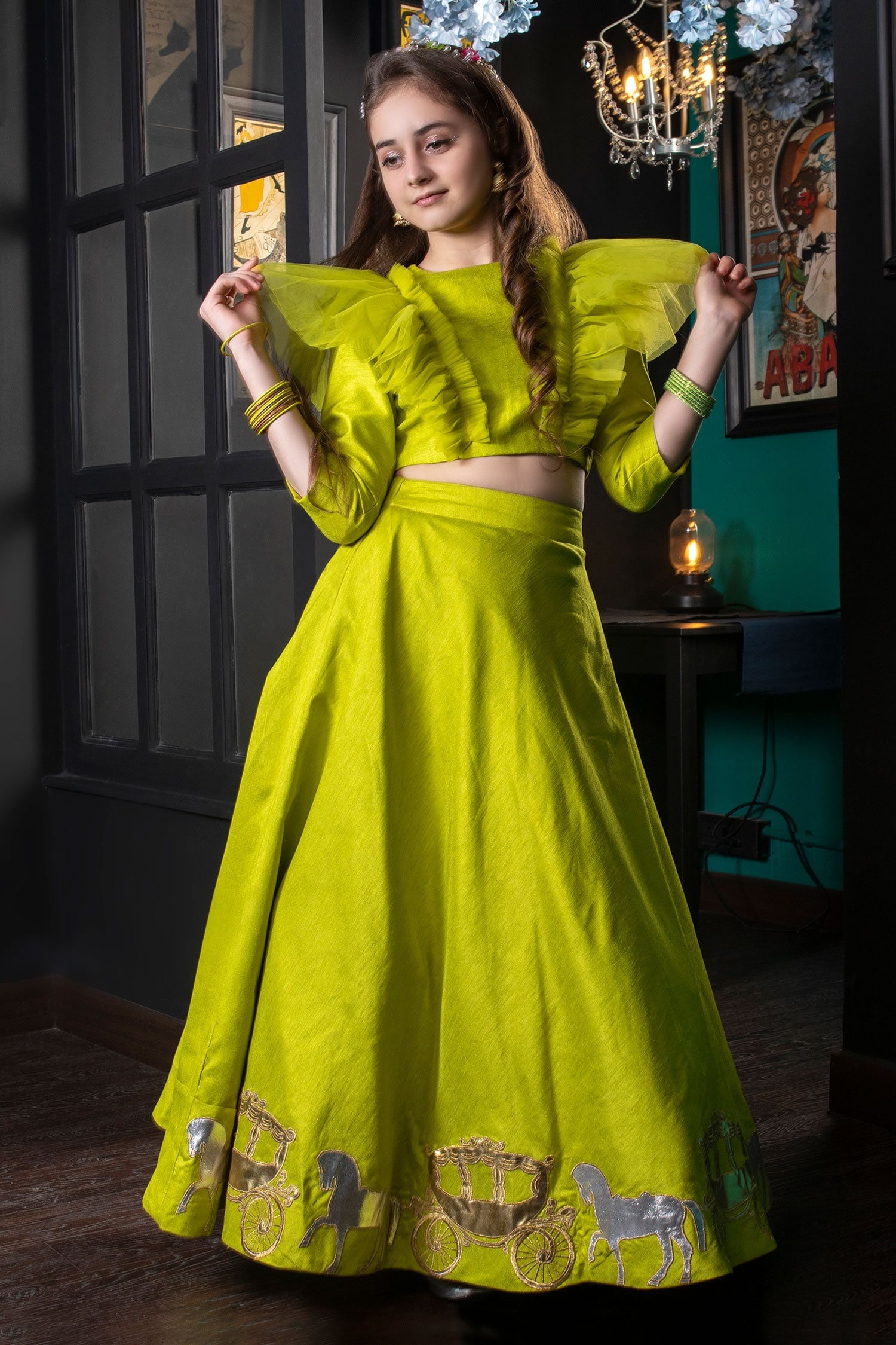 Buy Green Silk Embellished And Applique Acrylic Zarin Lehenga & Top Set