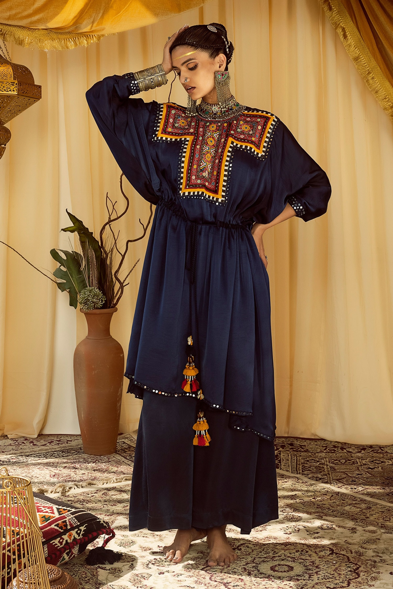 Zariya the Label Blue Modal Satin Placement Embroidered Kaftan And Pant Set
