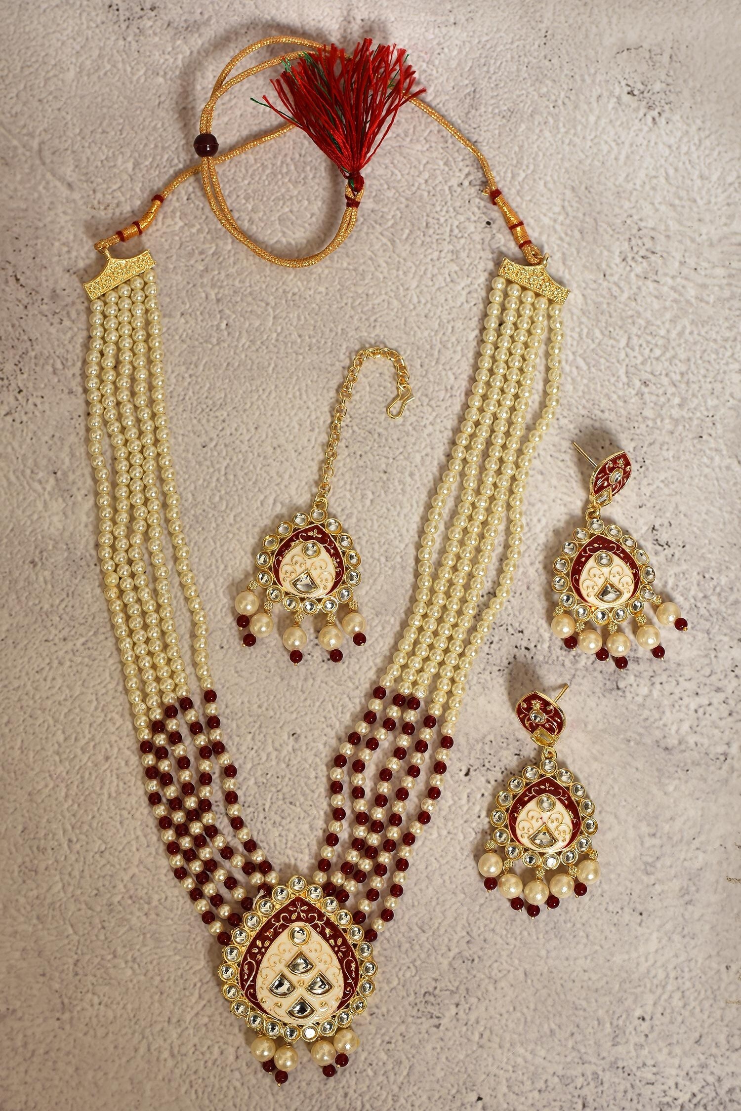 Buy Maroon Meenakari Beaded Long Necklace Set by Adara Khan Online