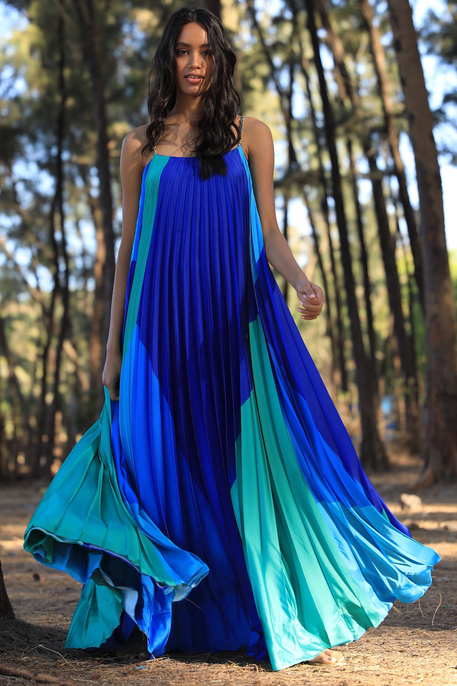 Zwaan Blue Armani Satin Square Neck Colorblock Gown For Women