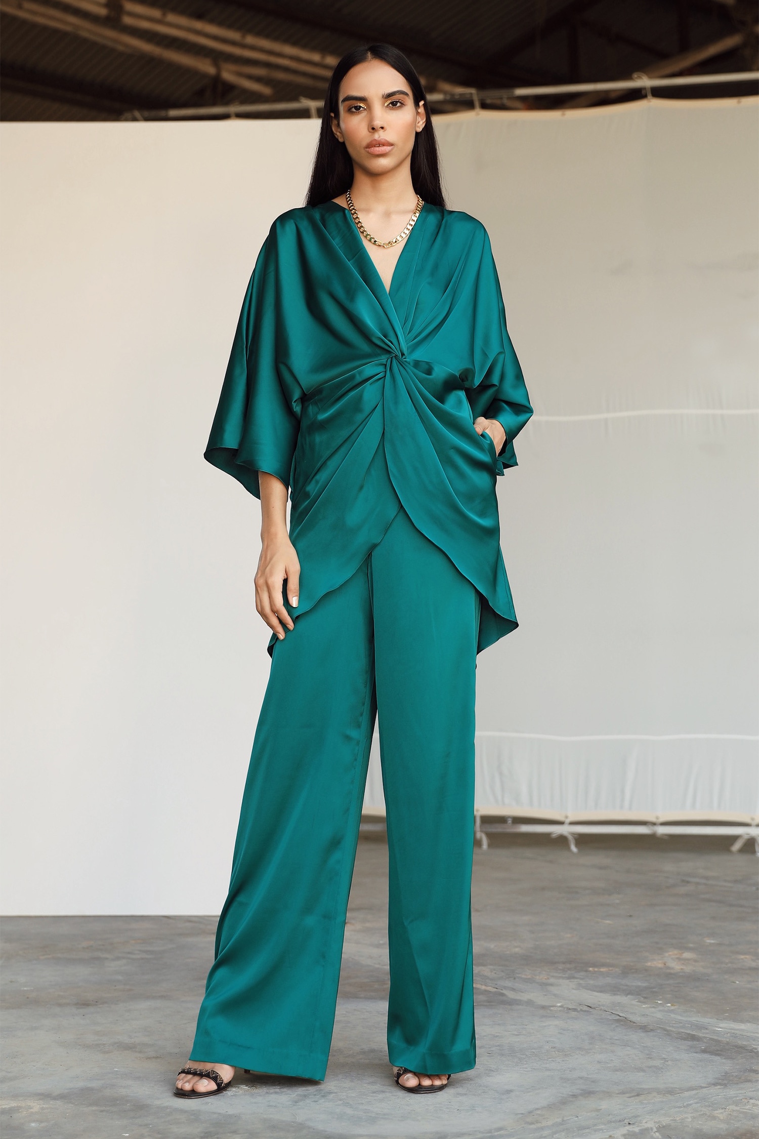 Buy Green Armani Satin V Neck Draped Top And Pant Set For Women by ...