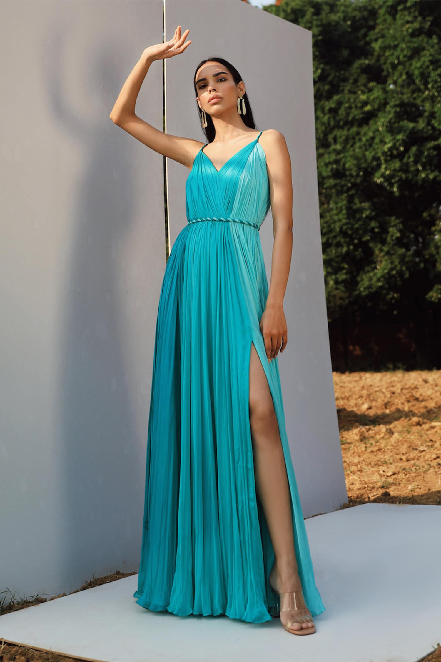 Buy Zwaan Blue Silk Chiffon Draped Slit Gown Online | Aza Fashions