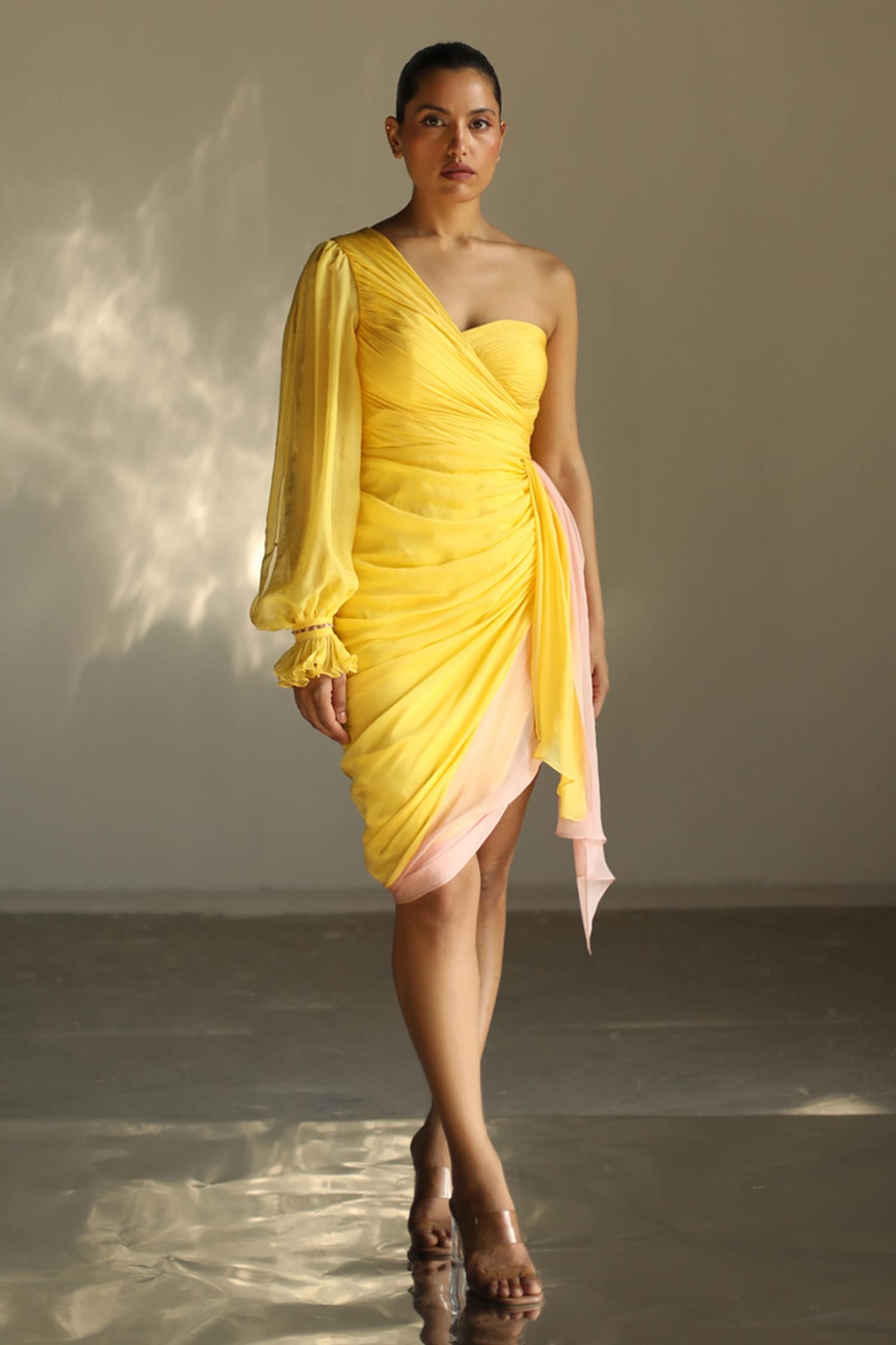 Buy Yellow Silk Flat Chiffon One Shoulder Dress For Women by Zwaan Online  at Aza Fashions.